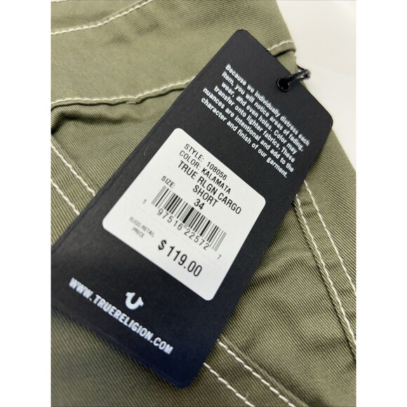 True Religion Cargo Shorts Knee Length Kalamata Green SZ 34 Men New w/Tags - Picture 2 of 7